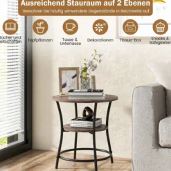 2 Ebenen Beistelltisch Rund Nachttisch mit Metallrahmen 55 x 55 x 56 cm Braun
