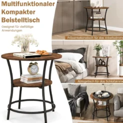 2 Ebenen Beistelltisch Rund Nachttisch mit Metallrahmen Vintage 55 x 55 x 56 cm