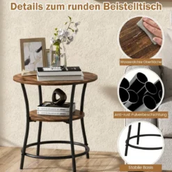 2 Ebenen Beistelltisch Rund Nachttisch mit Metallrahmen Vintage 55 x 55 x 56 cm
