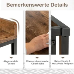 2 Ebenen Beistelltisch Sofatisch mit Metallgestell & Erhöhten Schutzwänden Rustikales Braun