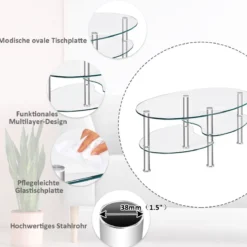 3 Ebenen Glastisch mit Modernem Ovalen Design Dreistufigem Regal Transparent