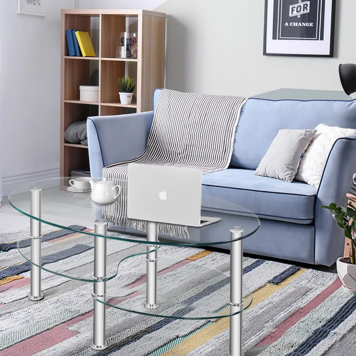 3 Ebenen Glastisch mit Modernem Ovalen Design Dreistufigem Regal Transparent
