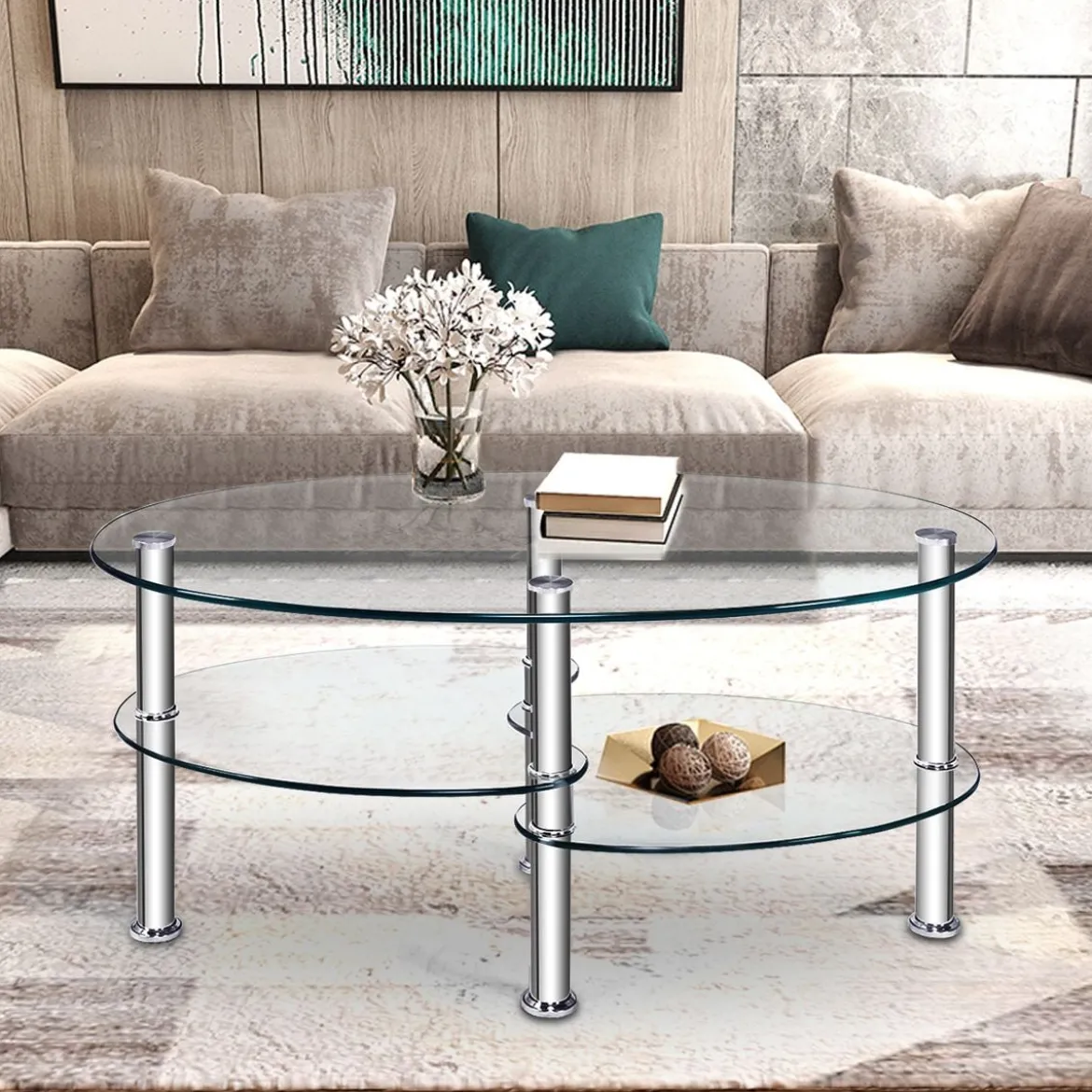 3 Ebenen Glastisch mit Modernem Ovalen Design Dreistufigem Regal Transparent