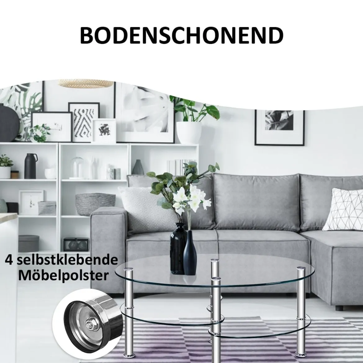 3 Ebenen Glastisch mit Modernem Ovalen Design Dreistufigem Regal Transparent