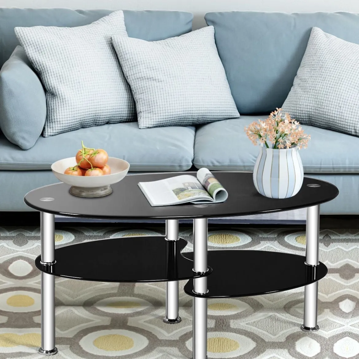 3 Ebenen Glastisch mit Modernem Ovalen Design Dreistufigem Regal Schwarz