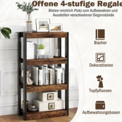 4 Ebenen Holz Standregal mit 2 Kippschutz-Sets & Offenen Regalfächern Bücherregal Braun