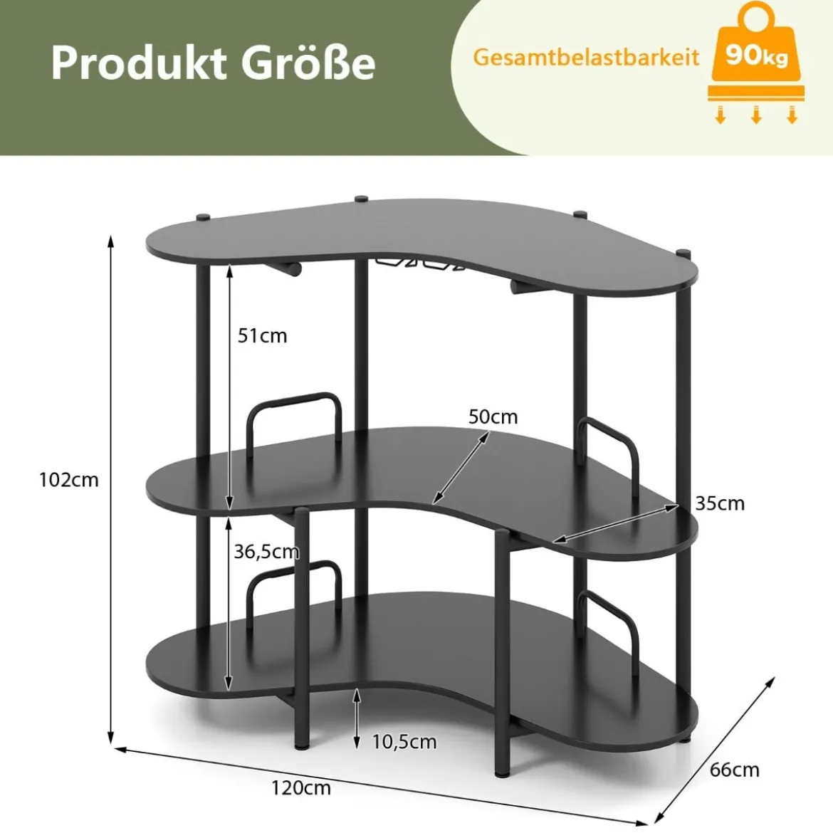 3 Ebenen Küche Bartisch mit Glashalter & Metallrahmen Hausbar Küchentheke Minibar