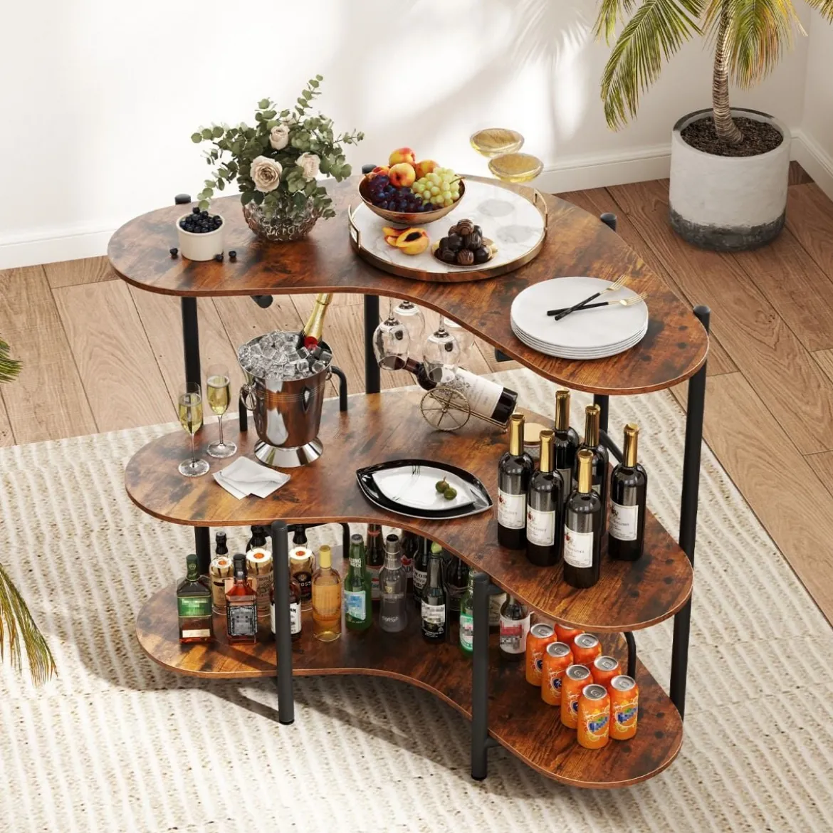 3 Ebenen Küche Bartisch mit Glashalter & Metallrahmen Hausbar Küchentheke Minibar
