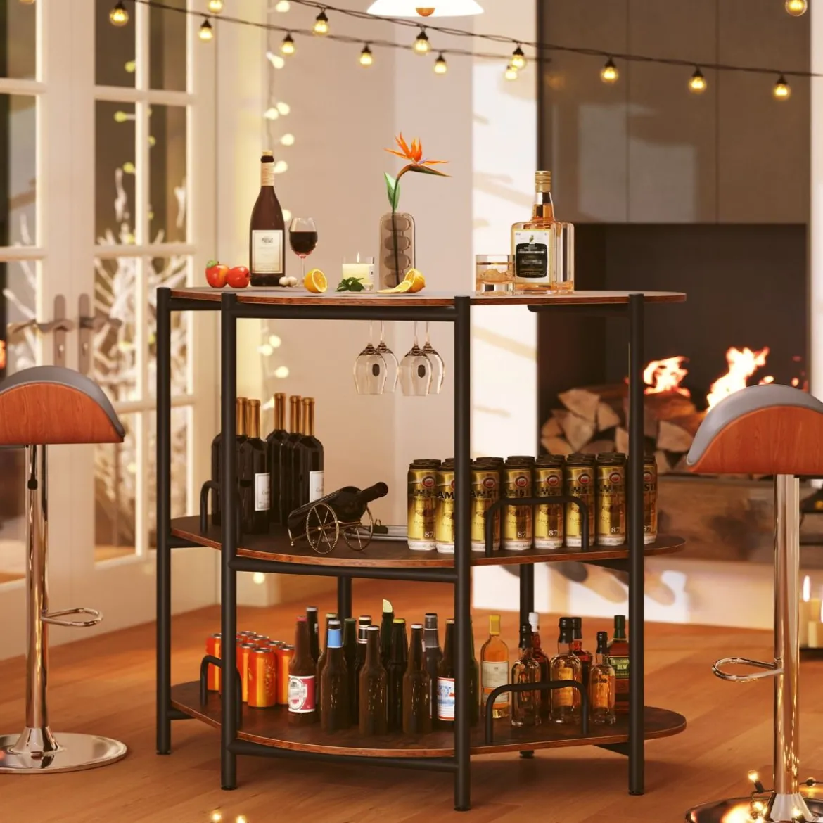 3 Ebenen Küche Bartisch mit Glashalter & Metallrahmen Hausbar Küchentheke Minibar