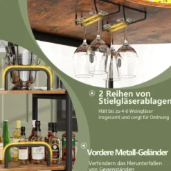 3 Ebenen Küche Bartisch mit Glashalter & Metallrahmen Hausbar Küchentheke Minibar