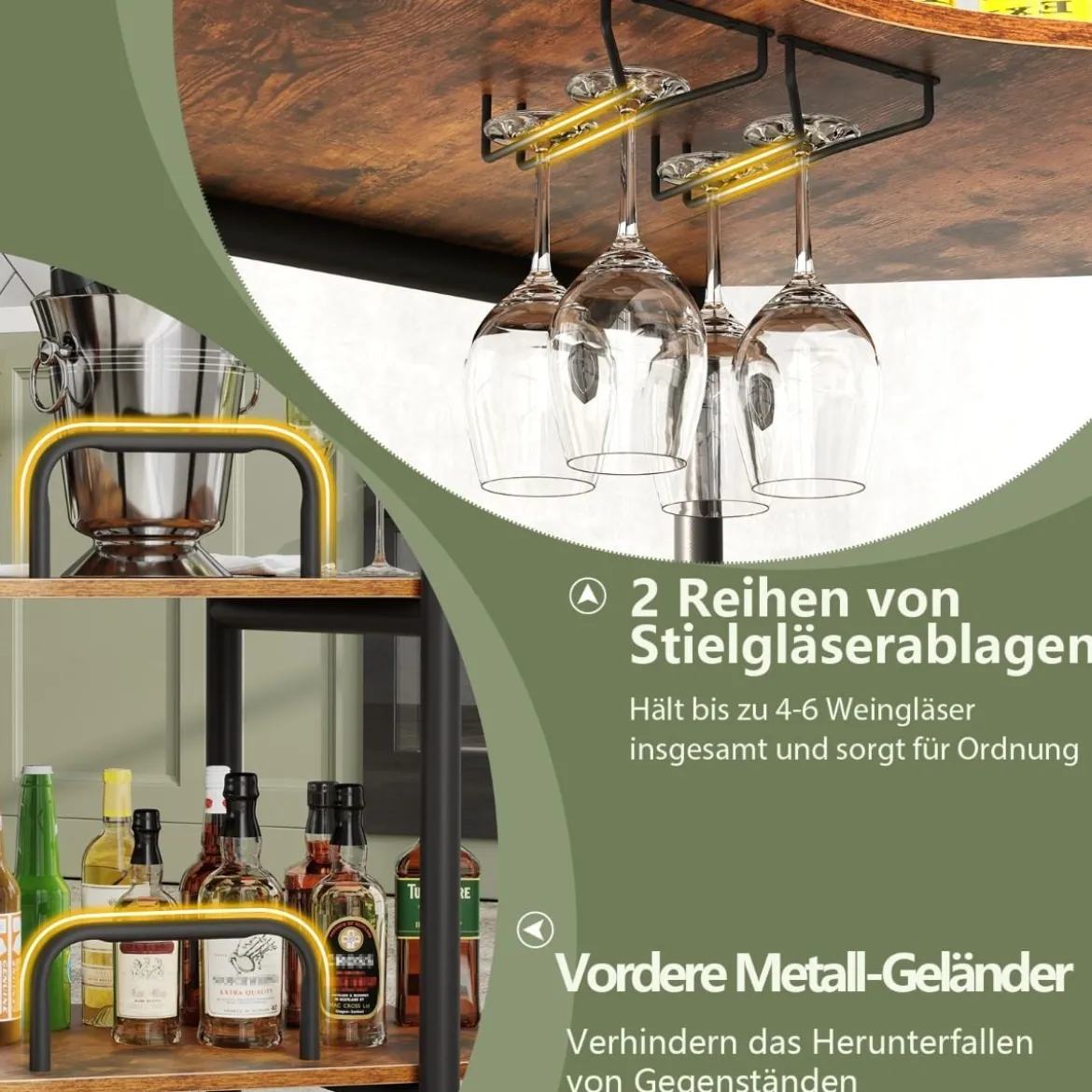 3 Ebenen Küche Bartisch mit Glashalter & Metallrahmen Hausbar Küchentheke Minibar