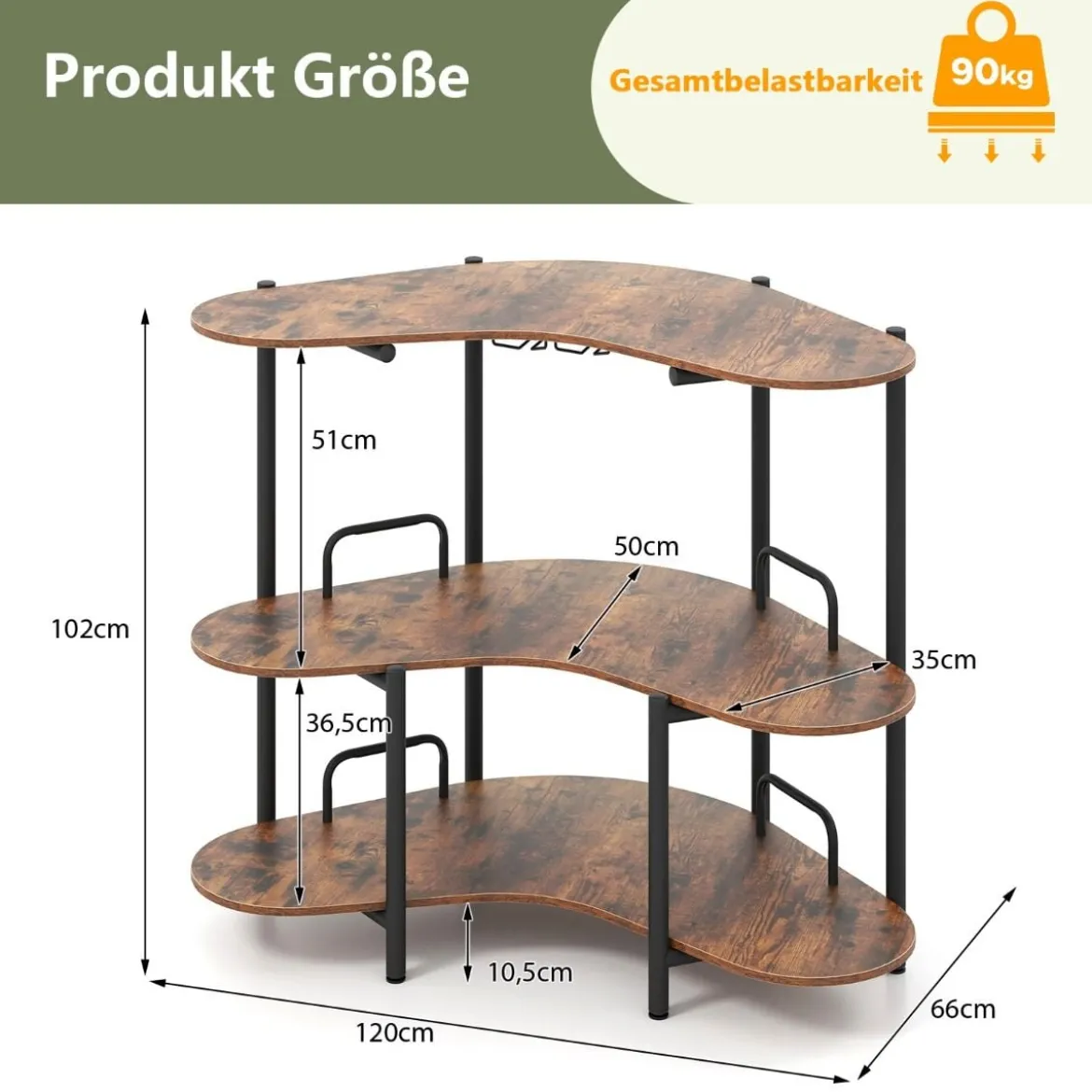 3 Ebenen Küche Bartisch mit Glashalter & Metallrahmen Hausbar Küchentheke Minibar
