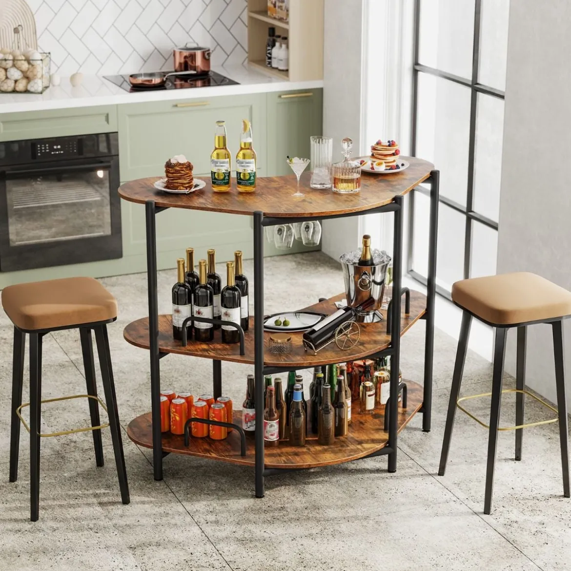 3 Ebenen Küche Bartisch mit Glashalter & Metallrahmen Hausbar Küchentheke Minibar