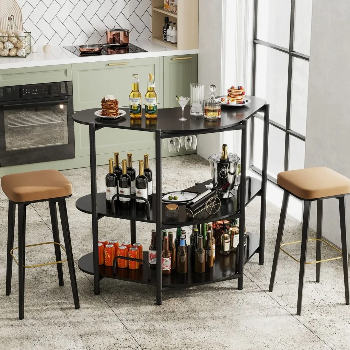 3 Ebenen Küche Bartisch mit Glashalter & Metallrahmen Hausbar Küchentheke Minibar