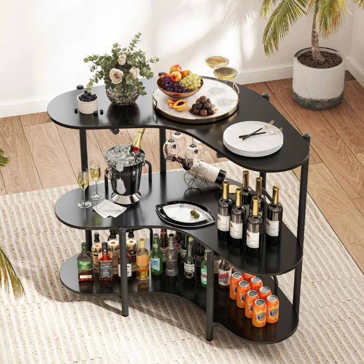 3 Ebenen Küche Bartisch mit Glashalter & Metallrahmen Hausbar Küchentheke Minibar