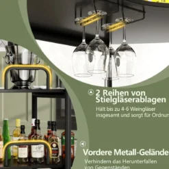 3 Ebenen Küche Bartisch mit Glashalter & Metallrahmen Hausbar Küchentheke Minibar