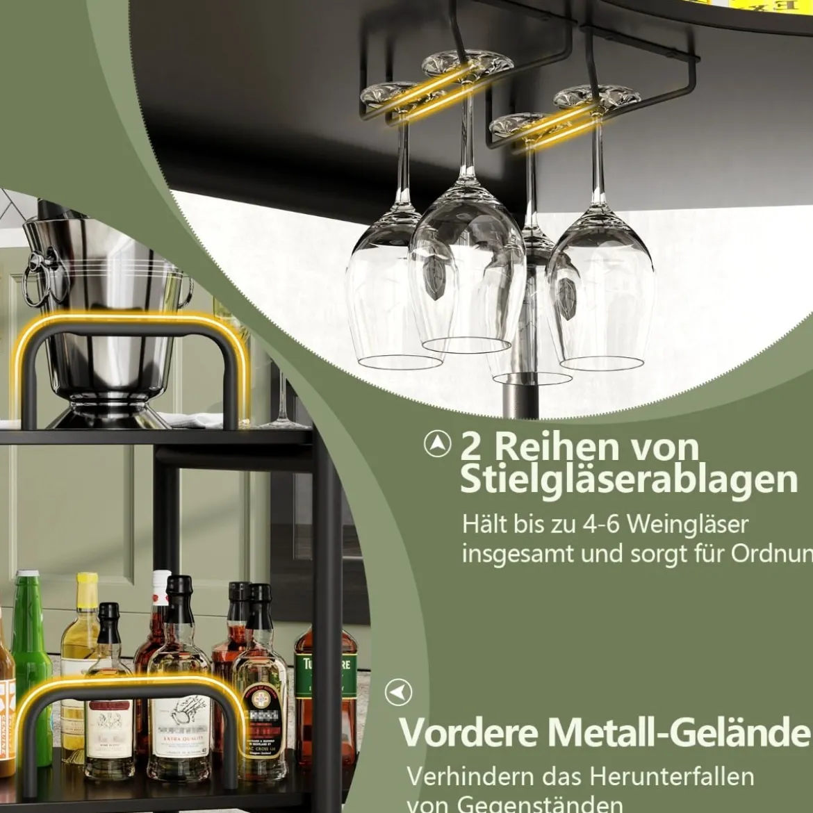 3 Ebenen Küche Bartisch mit Glashalter & Metallrahmen Hausbar Küchentheke Minibar