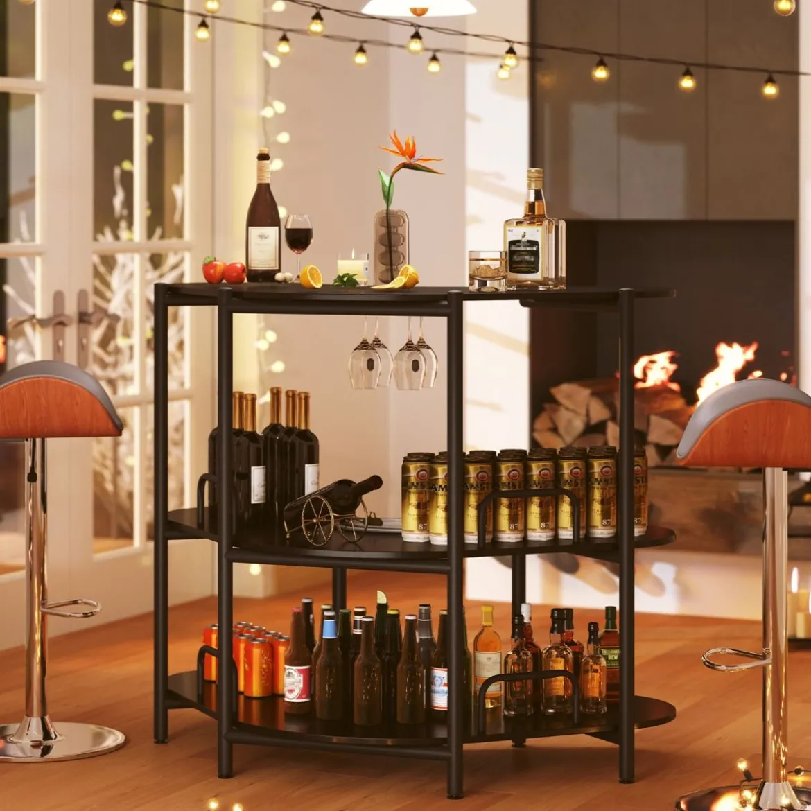 3 Ebenen Küche Bartisch mit Glashalter & Metallrahmen Hausbar Küchentheke Minibar