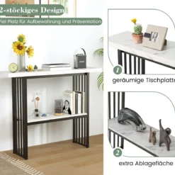 2 Ebenen Konsolentisch mit Marmoroptik Schmaler Beistelltisch Flurtisch mit Metallrahmen