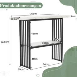 2 Ebenen Konsolentisch mit Marmoroptik Schmaler Beistelltisch Flurtisch mit Metallrahmen