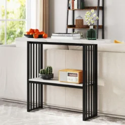 2 Ebenen Konsolentisch mit Marmoroptik Schmaler Beistelltisch Flurtisch mit Metallrahmen