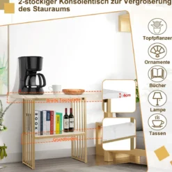 2 Ebenen Konsolentisch mit Marmoroptik Schmaler Beistelltisch Flurtisch mit Metallrahmen