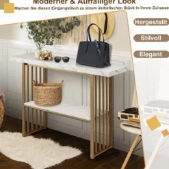 2 Ebenen Konsolentisch mit Marmoroptik Schmaler Beistelltisch Flurtisch mit Metallrahmen