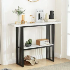 2 Ebenen Konsolentisch mit Marmoroptik Schmaler Beistelltisch Flurtisch mit Metallrahmen