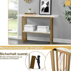 2 Ebenen Konsolentisch mit Marmoroptik Schmaler Beistelltisch Flurtisch mit Metallrahmen
