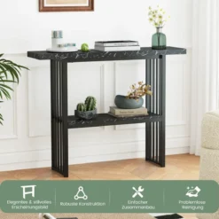 2 Ebenen Konsolentisch mit Marmoroptik Schmaler Beistelltisch Flurtisch mit Metallrahmen