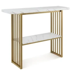 2 Ebenen Konsolentisch mit Marmoroptik Schmaler Beistelltisch Flurtisch mit Metallrahmen