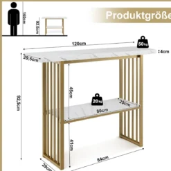 2 Ebenen Konsolentisch mit Marmoroptik Schmaler Beistelltisch Flurtisch mit Metallrahmen