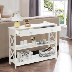 3 Ebenen Konsolentisch mit Schublade & Regal aus Holz 100 x 30 x 80 cm Weiß