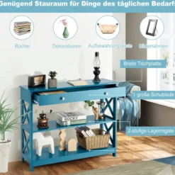 3 Ebenen Konsolentisch mit Schublade & 2 Ablagen & X-Förmigen Beinen