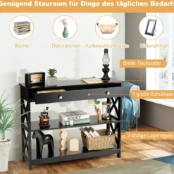 3 Ebenen Konsolentisch mit Schublade & 2 Ablagen & X-Förmigen Beinen