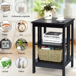 3 Ebenen Nachttisch mit Regal für Schlafzimmer 40x40x61cm Schwarz II-Förmig