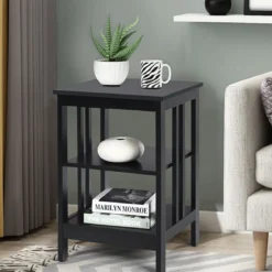 3 Ebenen Nachttisch mit Regal für Schlafzimmer 40x40x61cm Schwarz II-Förmig