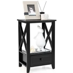 2 Ebenen Nachttisch mit Schublade Beistelltisch Holz 40 x 30 x 61,5cm Schwarz
