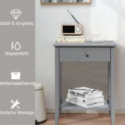 2 Ebenen Nachttisch mit Schublade Sofatisch aus Holz 47,5 x 36 x 62 cm Grau