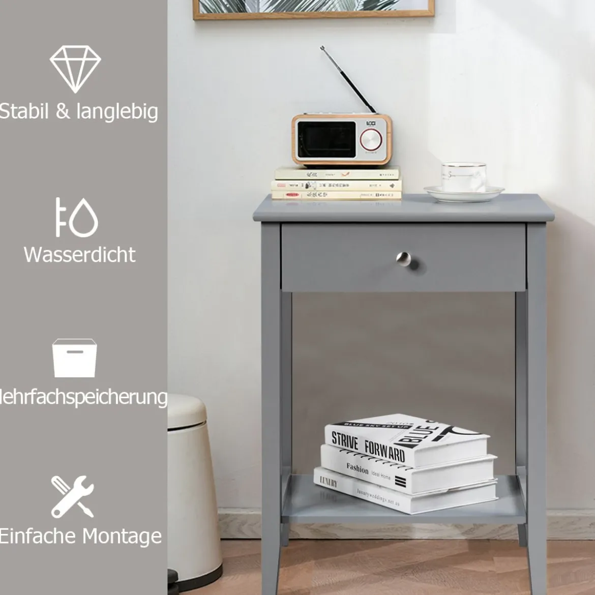 2 Ebenen Nachttisch mit Schublade Sofatisch aus Holz 47,5 x 36 x 62 cm Grau
