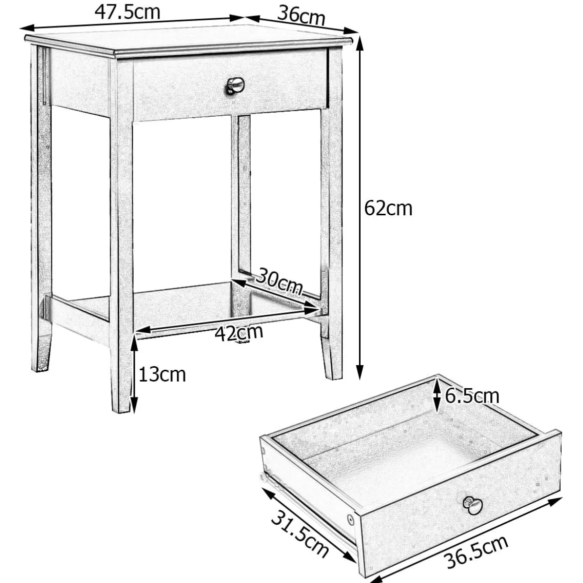 2 Ebenen Nachttisch mit Schublade Sofatisch aus Holz 47,5 x 36 x 62 cm Grau
