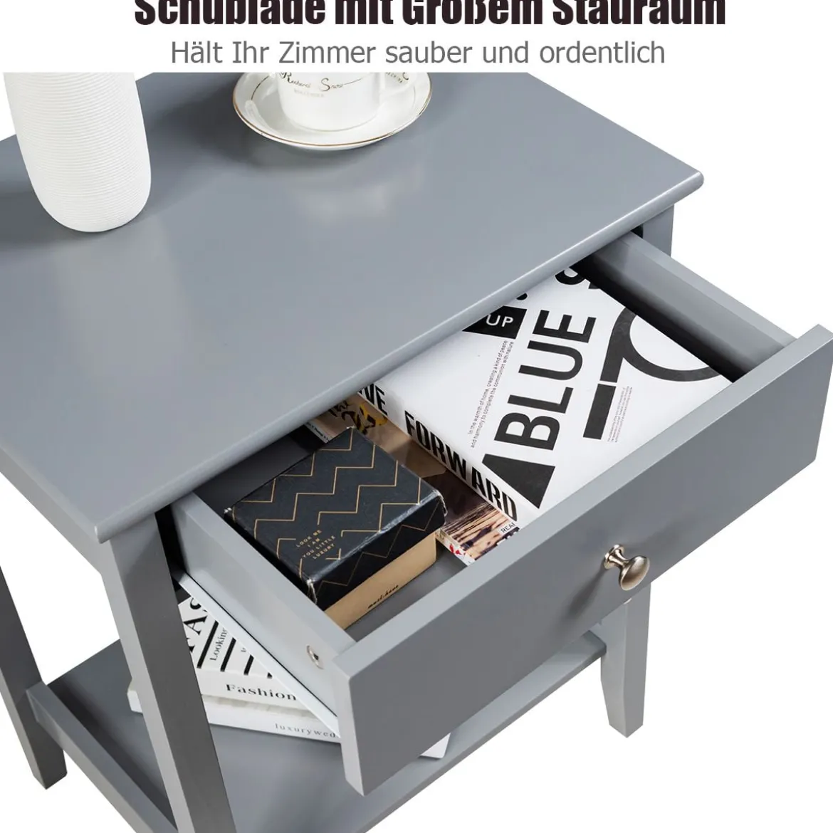 2 Ebenen Nachttisch mit Schublade Sofatisch aus Holz 47,5 x 36 x 62 cm Grau