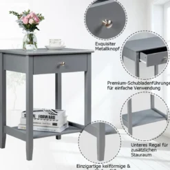 2 Ebenen Nachttisch mit Schublade Sofatisch aus Holz 47,5 x 36 x 62 cm Grau
