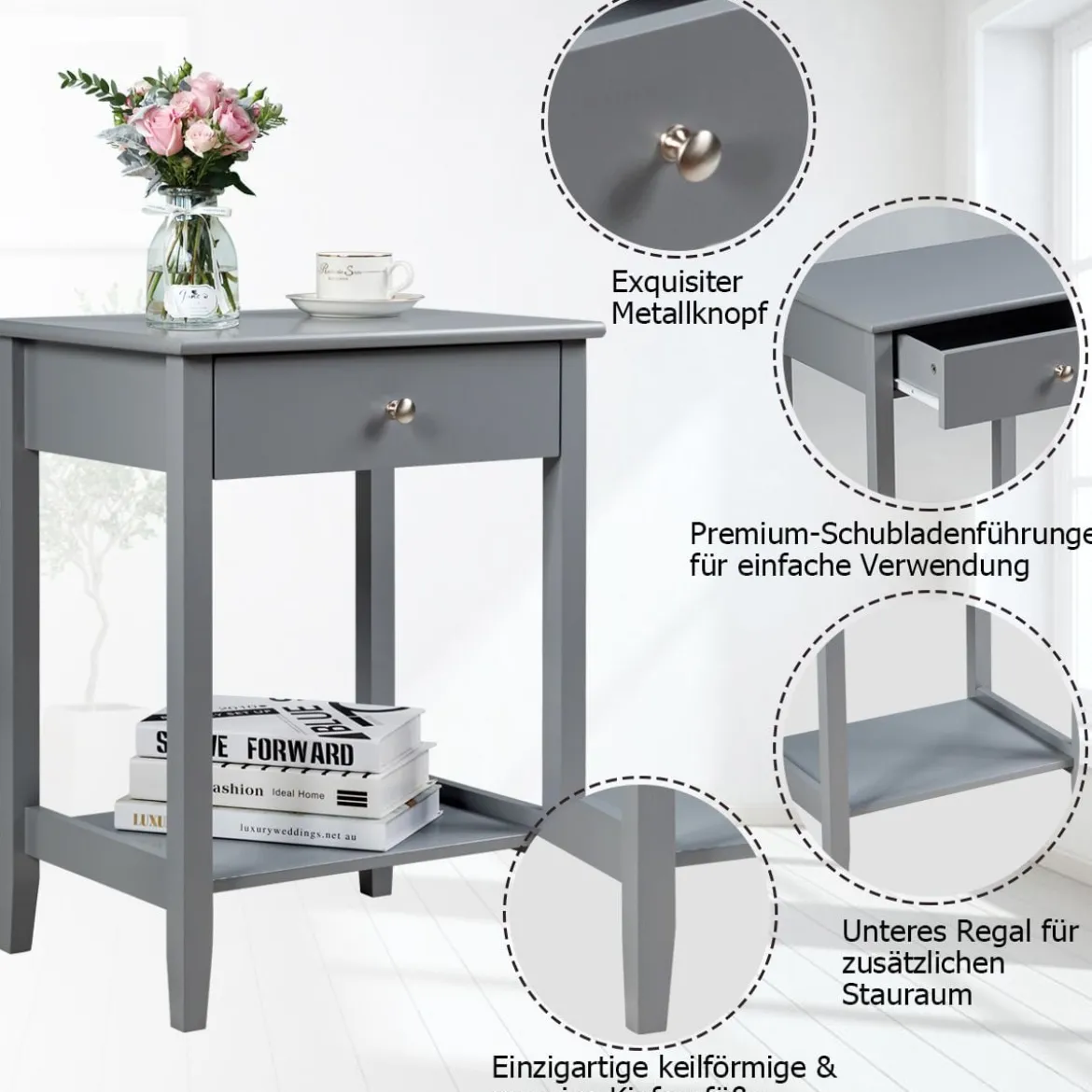 2 Ebenen Nachttisch mit Schublade Sofatisch aus Holz 47,5 x 36 x 62 cm Grau
