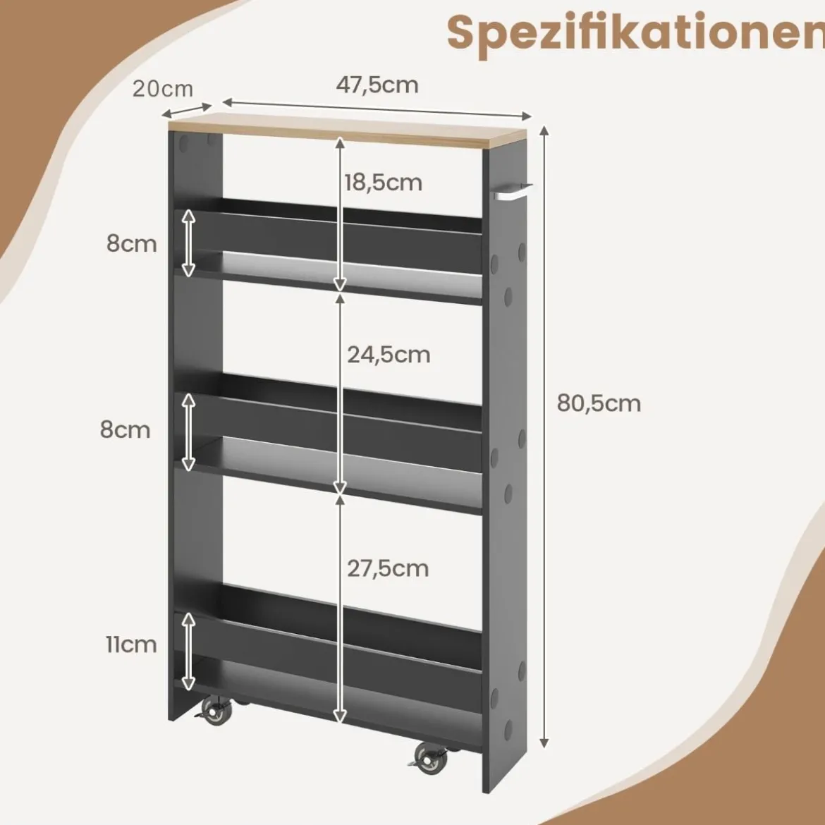 4 Ebenen Nischenregal auf Rollen aus Holz mit Griff Küchenwagen 47,5 x 13 x 80,5 cm Grau + Natur