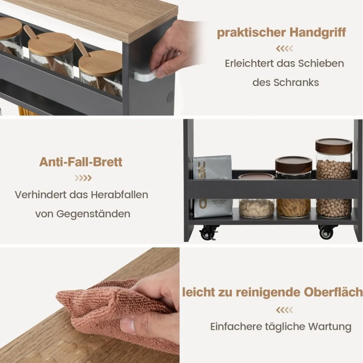 4 Ebenen Nischenregal auf Rollen aus Holz mit Griff Küchenwagen 47,5 x 13 x 80,5 cm Grau + Natur