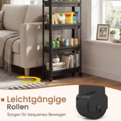 5 Ebenen Schmaler Küchenwagen auf Rollen mit Griffen Nischenregal Bad Rollwagen Schwarz