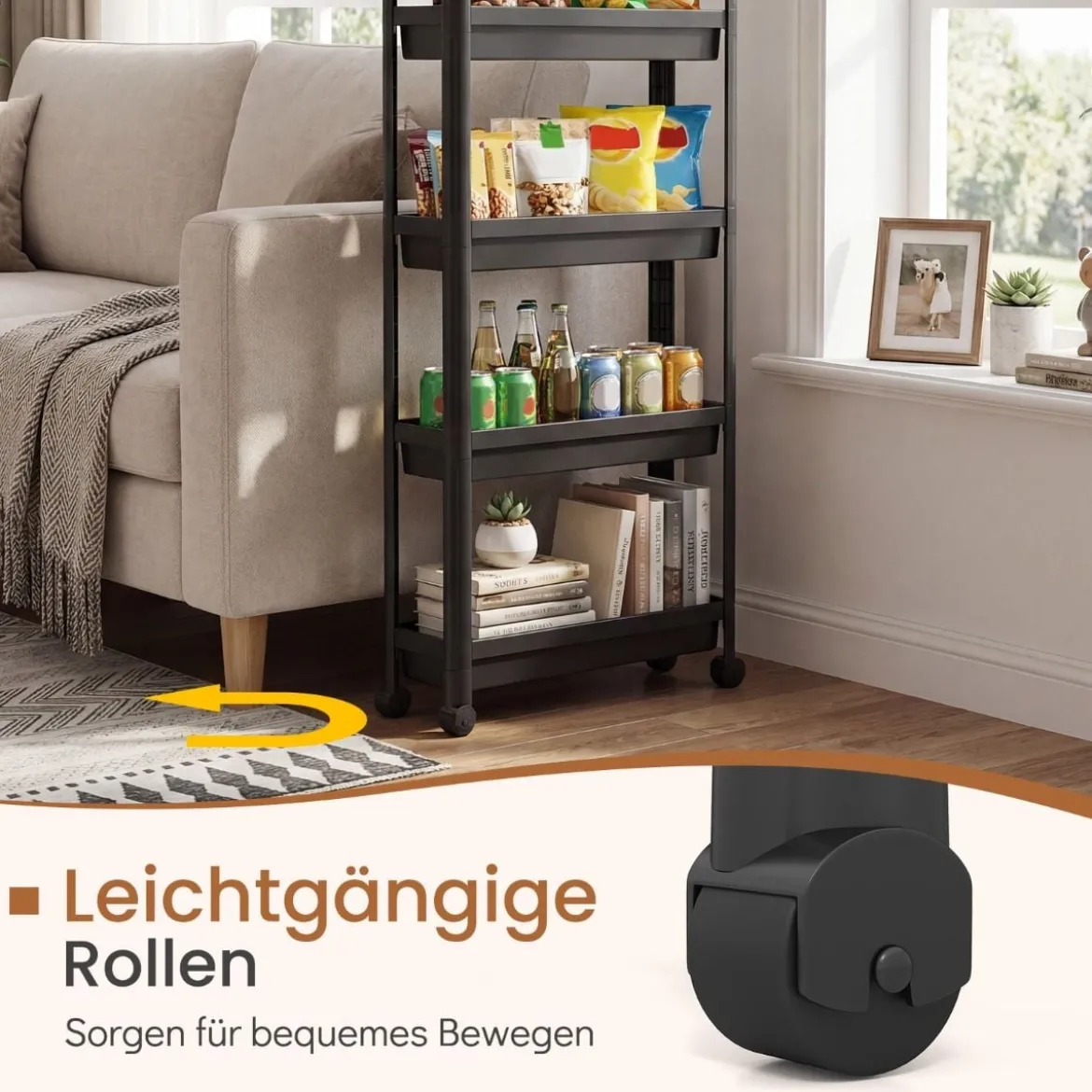 5 Ebenen Schmaler Küchenwagen auf Rollen mit Griffen Nischenregal Bad Rollwagen Schwarz