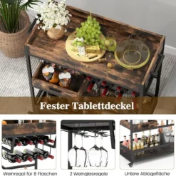 3 Ebenen Servierwagen mit Rollen & Abnehmbarer Ablage & Weinregal & Weinglashalter Braun