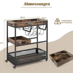 3 Ebenen Servierwagen mit Rollen & Abnehmbarer Ablage & Weinregal & Weinglashalter Braun